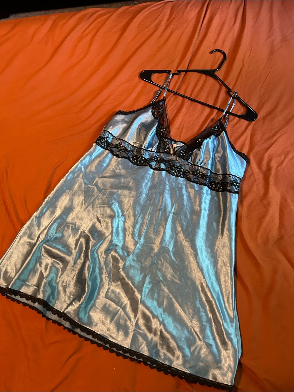 Satin Lace Trim Chemise Slip - light blue with Black Lace